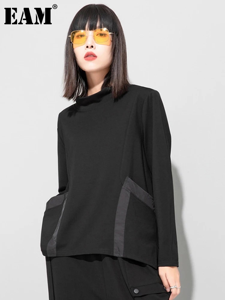 [EAM] Loose Fit Black Pocket Irregular Sweatshirt New Stand Collar Long Sleeve Women Big Size Fashion Spring Autumn 2024 1DE4263