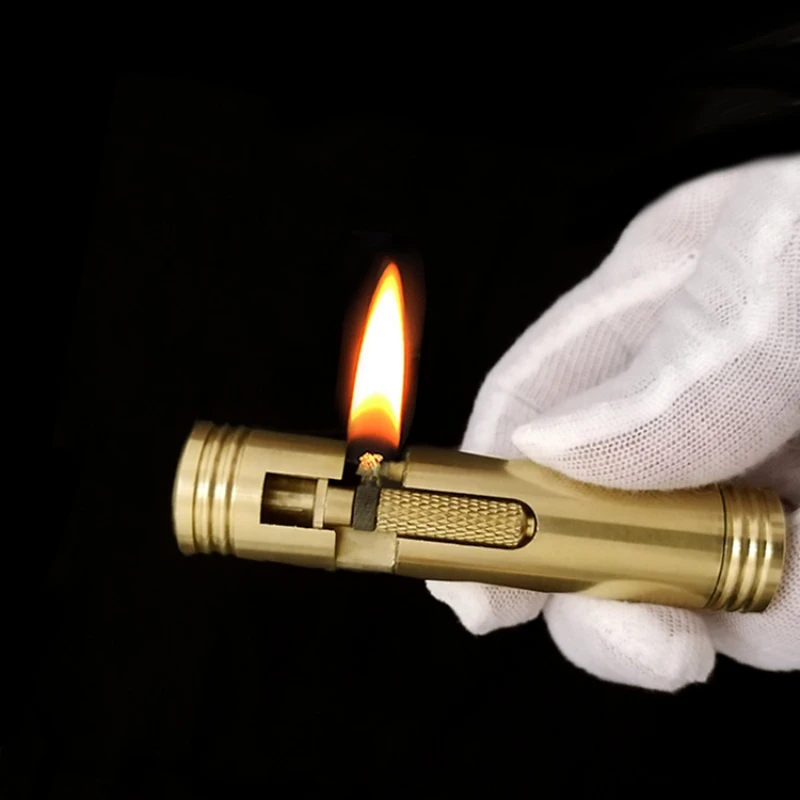 Portable Antique Bronze Lighter Thin Cylindrical Brass Retro Shaped Open Flame Lighter EDC Portable Small Item 72mm * 22mm