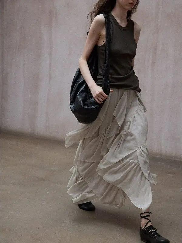 

Hello September Autumn New Asymmetric Layered Lace Trim Skirt M9562 Korean Sle Commute Polyester Fiber Straight Skirt