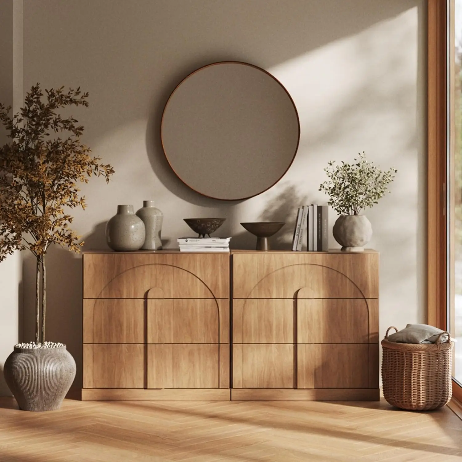 Modern Wood Sideboard with 3 Drawers & Arc Design, Fluted Buffet Storage Cabinet for Kitchen Living Room, Camel, Customized