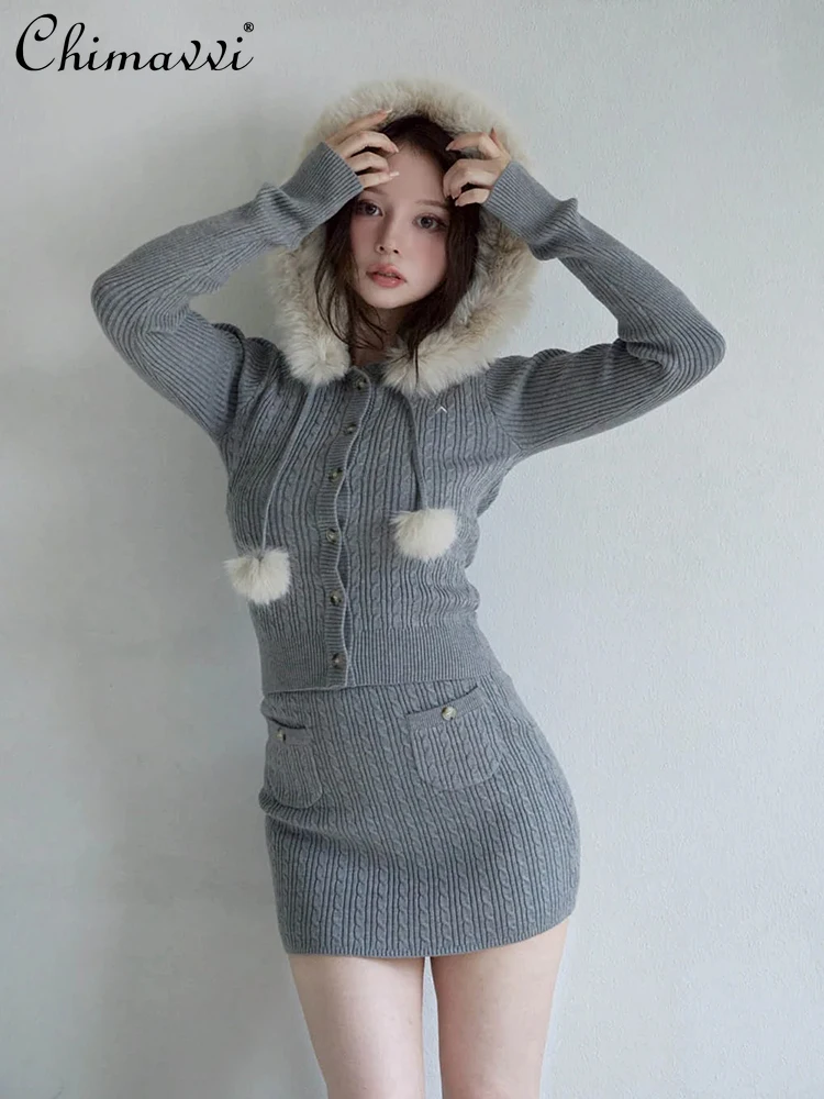 

Japanese Style Pure Desire 3D Cable Knit Slim Stretch Hooded Fur Collar Sweater Bodycon Short Skirt Winter New Women Fashion Set