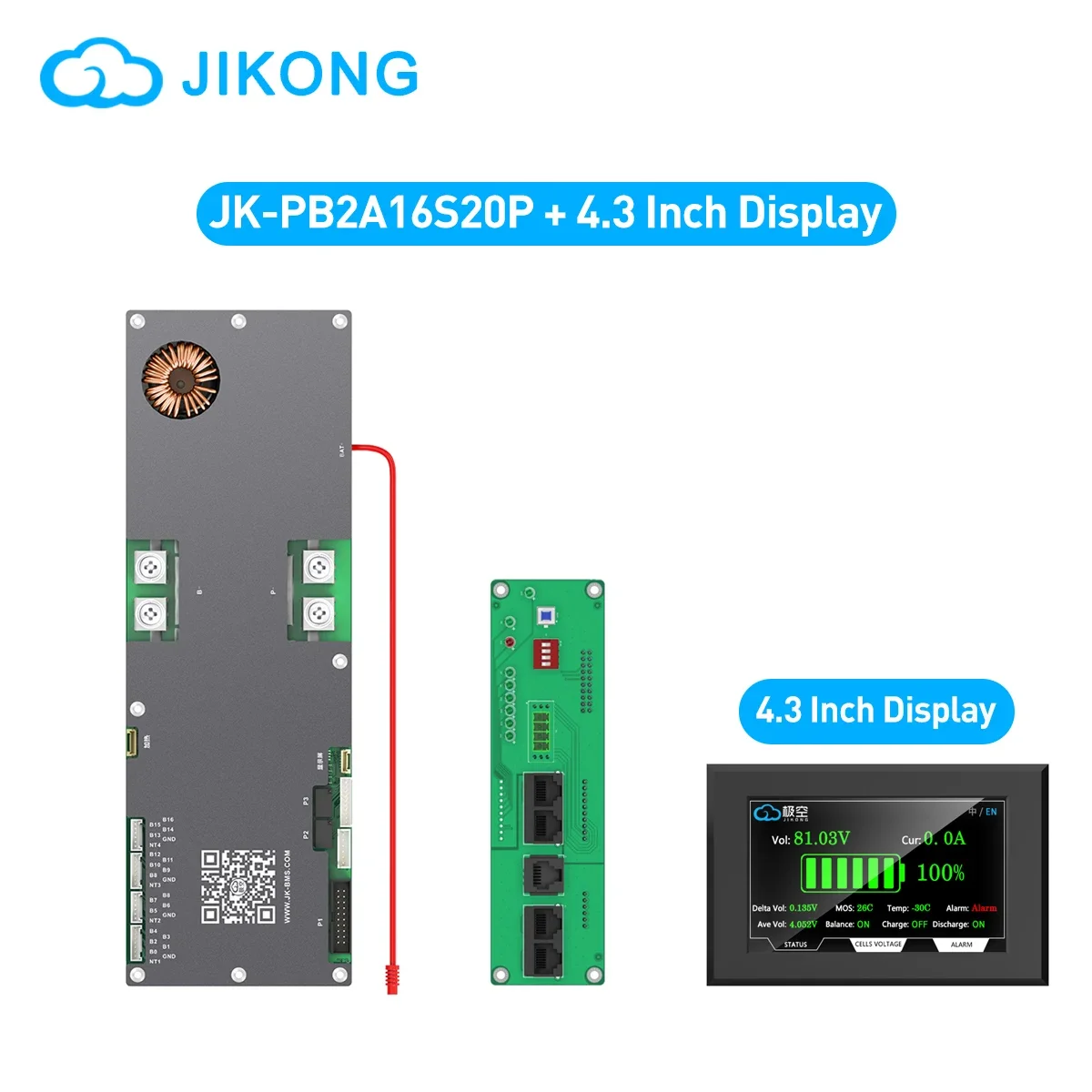 JIKONG Smart BMS JK-PB2A16S20P+4.3inch Screen 8S-16S 100A Li-ion/ Lifepo4/ LTO Battery Household Active Energy Inverter Balancer