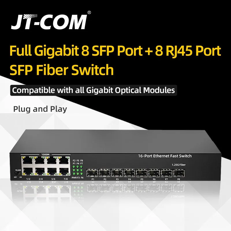 

JT-COM Full Gigabit 8 SFP Port + 8 RJ45 Port SFP Fiber Switch Compatible with all Gigabit Optical Module Plug and Play