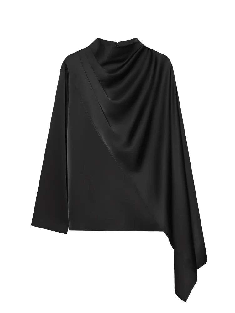 Black Satin Asymmetric Drape Top Loose Fit