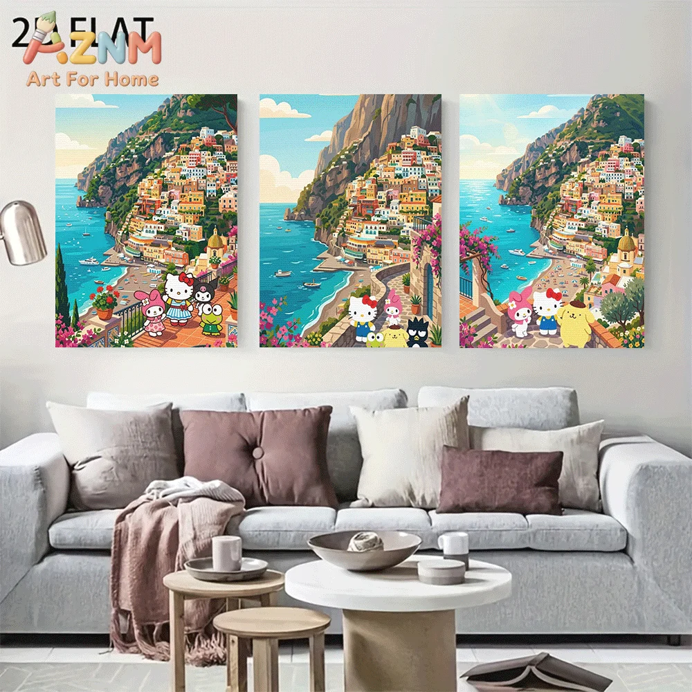 AZNM Sanrio Hello Kitty Friends Amalfi Coast Canvas Wall Art Unframed Cute Cartoon Italian Cliff Seaside Town Ocean View Paintin