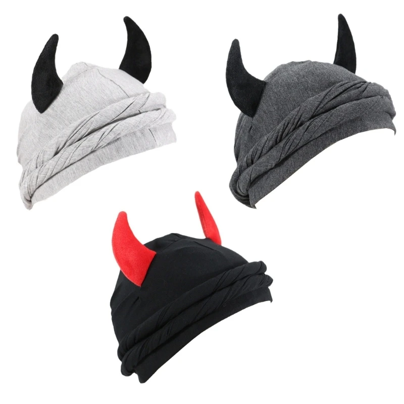 Breathable Skull Hat with Horn Moisture Wicking Durag for Outdoor Activity Adjustable Head Wrap Breathable Scarves