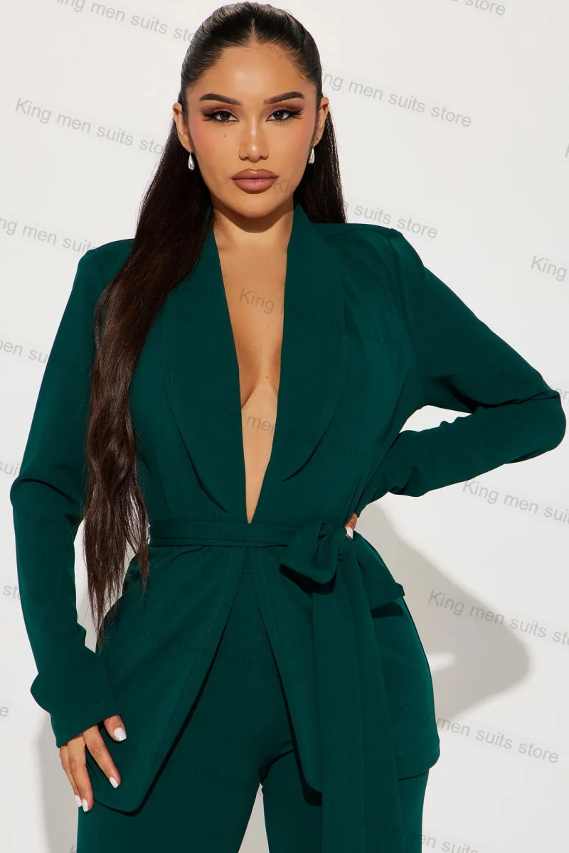 Dark Green Women Suit Pants Set 2 Piece Blazer+Trouser With Belt Formal Office Lady Jacket Tailored Made Prom Dress V  Neck Coat