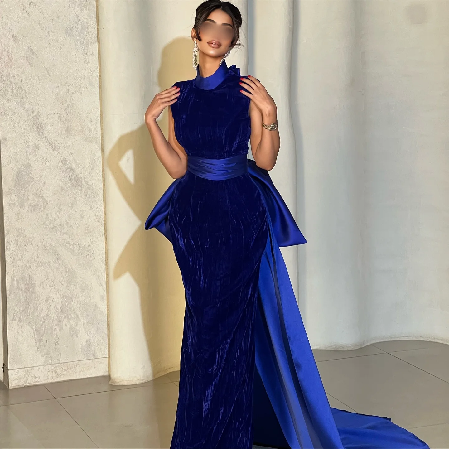 

Элегантное синее вечернее платье русалки, очаровательное арабское платье с круглым вырезом, Vestido de Noche, платье для выпускного вечера с открытой спиной и скользящим шлейфом на день рождения