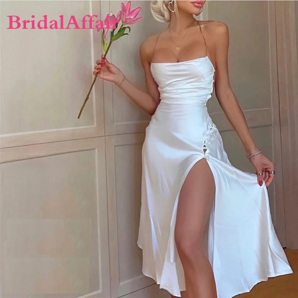 Bridalaffair simples branco cocktail vestidos de festa de seda halter fenda lateral aberto para trás sexy vestido de baile meados de bezerro senhora noite pano outfit