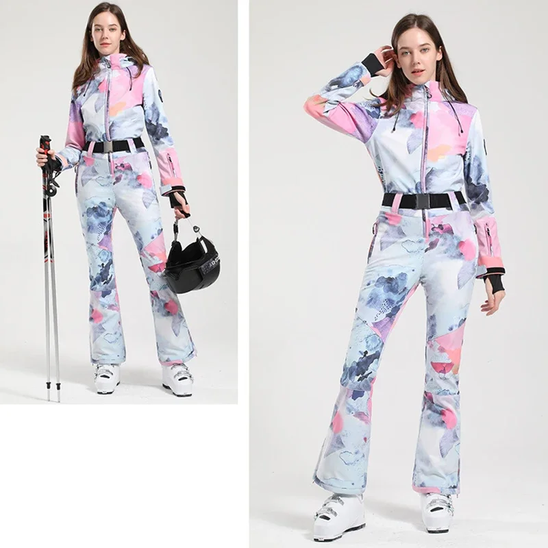 New One-Piece Ski Suit Women Slim Outdoor Snowboard Jacket Overalls Warm jumpsuit Ski Set Winter Clothing Windproof waterproof