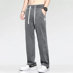 2024 Summer Thin Soft Lyocell Fabric Jeans Men Loose Straight Wide Leg Pants Drawstring Elastic Waist Casual Trousers for Men