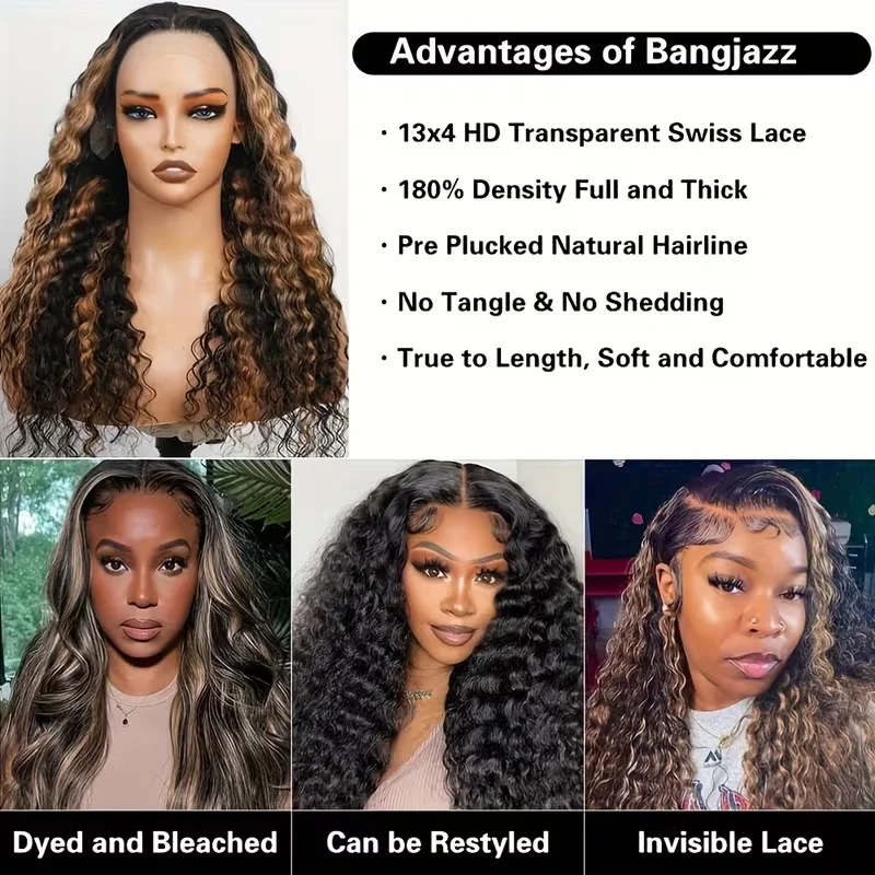 P1B27 Highlight Deep Wave 13X6 HD Lace Wig Human Hair Pre-Plucked Hairline with 180 Density Deep Curly Wig for Women Comes with Small Knots And Baby Hair view 5