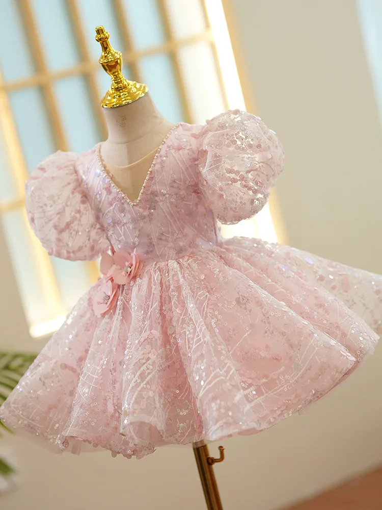 Pink Baby Girl Dress Sparkly Puffy V Neck Communion Dress Knee Length Flower Girl Dresses Kids Tutu Gown