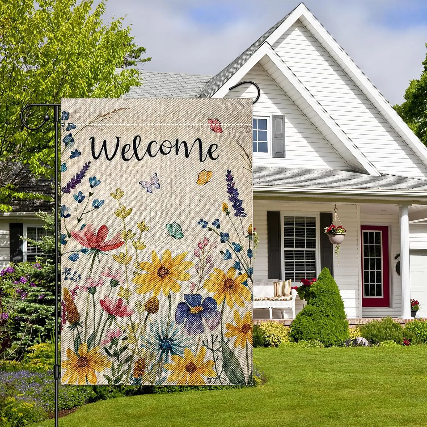 Welcome Floral Garden Flag 12x18 Inch Double Sided Outside, Colorful Flowers Burlap Yard Flag, Small Welcome Seasonal Garden SSL