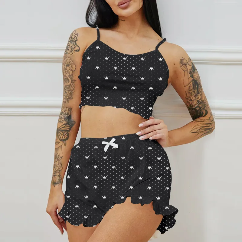 

Women's Suspender Shorts Pajamas Set Loungewear Crown Printed Sleepwear Woman Home Wear Sexy Backless Sleeveless Pajamas