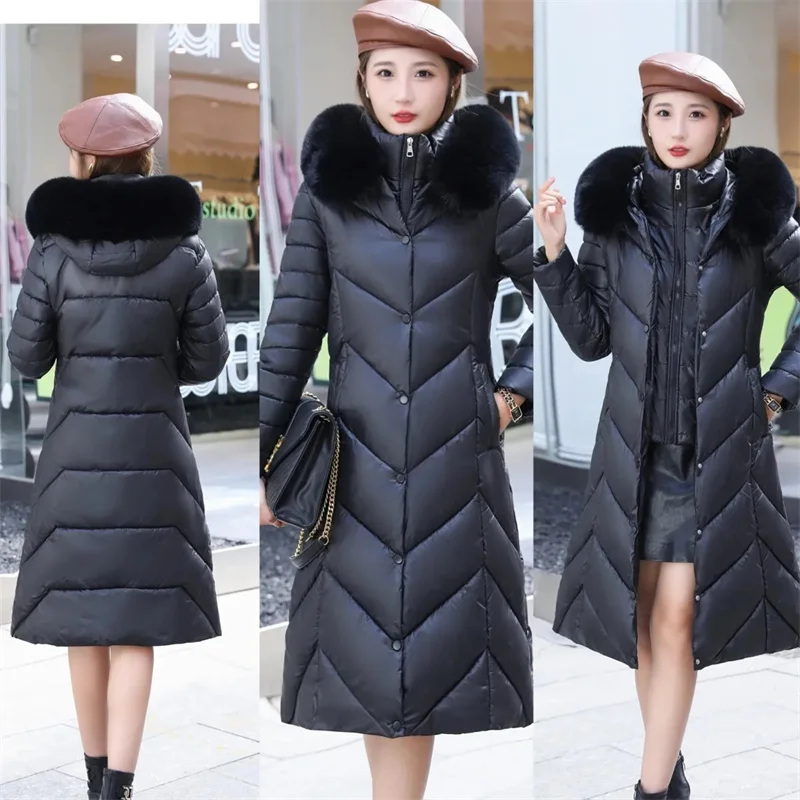 2024 New Winter Hooded Fur Collar Long Parkas Thick Warm Down Cotton Padded Jacket Women Casual Hoodies Coat Female Outwear