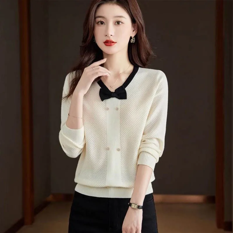 Women\'s Clothing Fashion V-neck Bow Knit Pullovers Spring Autumn Elegant Loose Long Sleeve Sweaters Office Lady Chic Button Tops