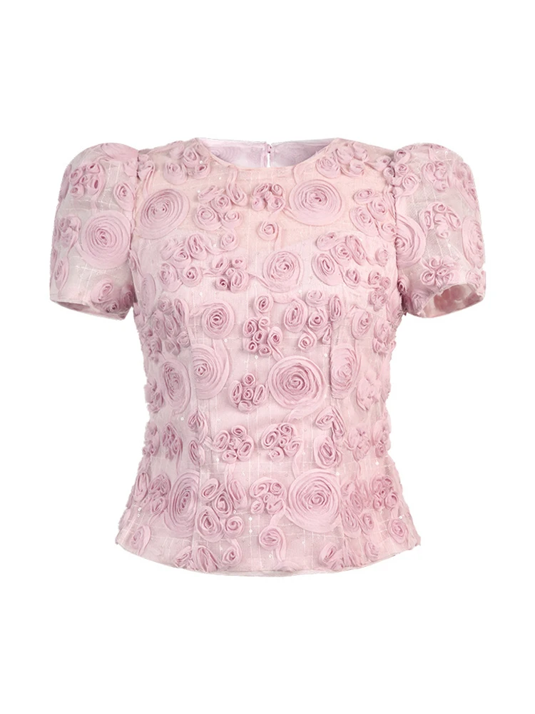 Ropa de mujer, camisa de manga corta con flores moradas dulces, Tops cortos ajustados con cuello redondo para mujer, blusa de manga abombada de malla, moda de verano