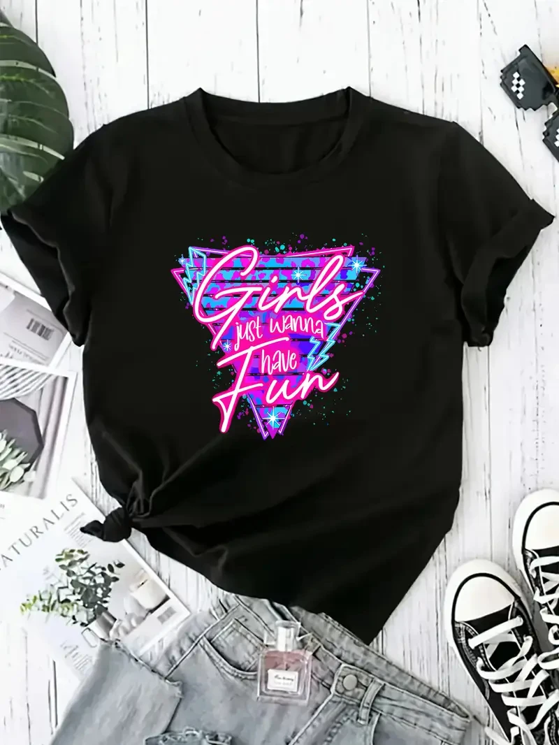 Plus Size Women's "s Just Wanna Have Fun" Graphic T-Shirt - Black Casual Short Sleeve Tee with Neon Lettering, Round Neck