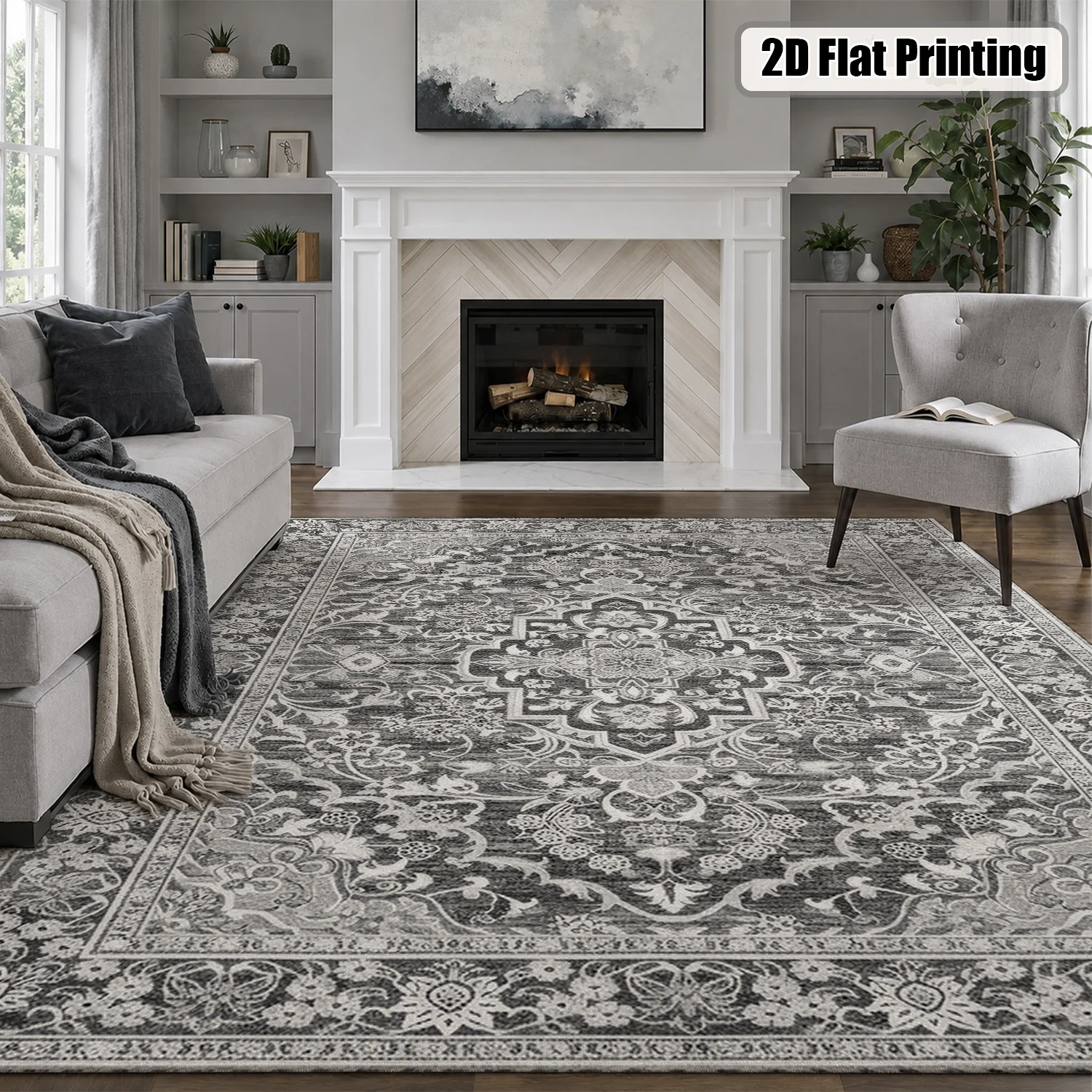 Large Indoor Area Rug, Soft Velvet Low Pile with Non-slip Dotted Backing, Machine Washable Vintage Distressed Gray Oriental Medallion Rug for Living Room and Bedroom - view 5