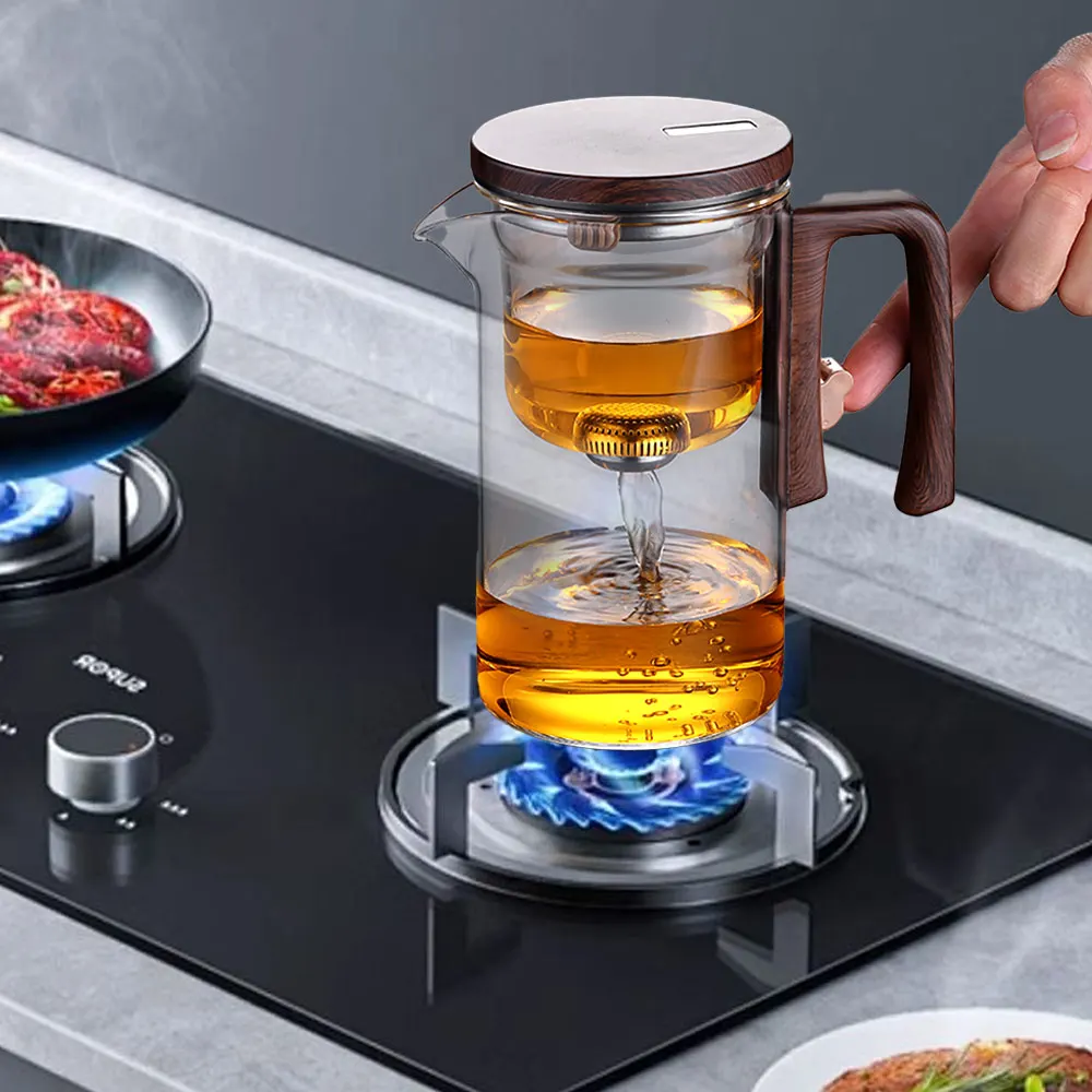 Heat Resistant Glass Tea Pot with Infuser 520ML/720ML Teapot Kettle Magnetic Filter Coffee Chinese Puer Tea Cup Set Wood Handle