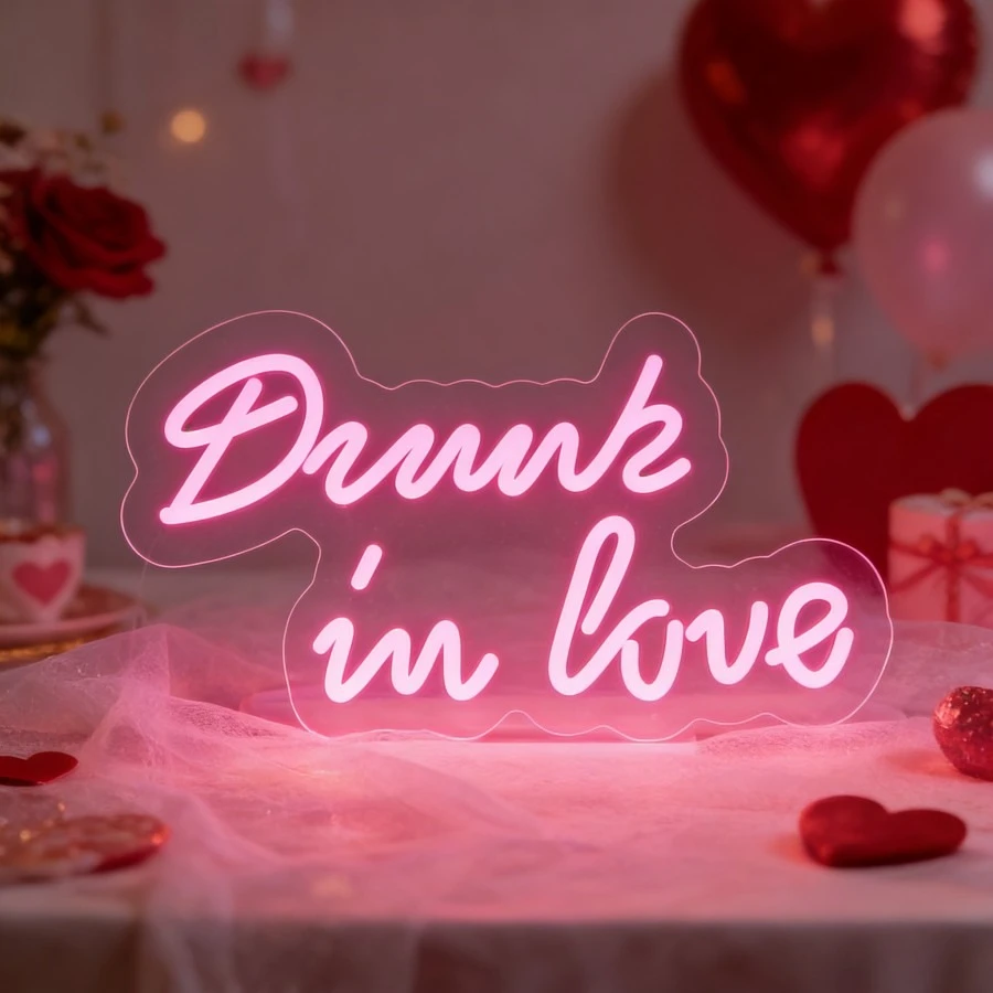 Drunk in Love Pink Neon Light LED USB Night Light for Bedroom Wedding Party Lounge Bar Decor Dimmable Gift for Romance Lovers