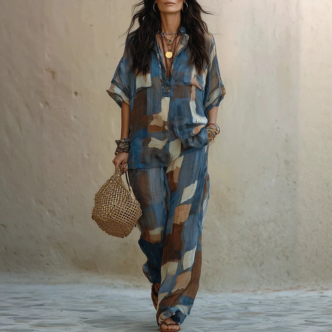 Abstract Color Block Print Two Piece Outfit Lapel Pocket Shirt and Wide Leg Loose Pants Matching Set Boho Casual Suit for Women