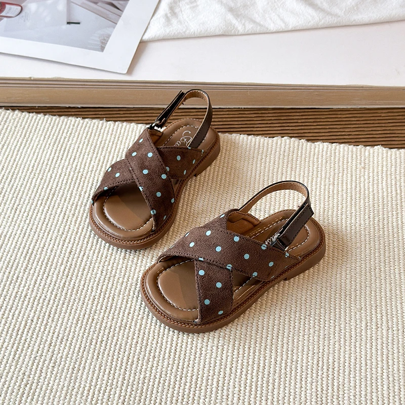 Girls Summer Beach Shoes Retro Style Kids Casual Sandals Soft Sole Fashion Children Polka Dot Princess Shoes 2026 Summer New