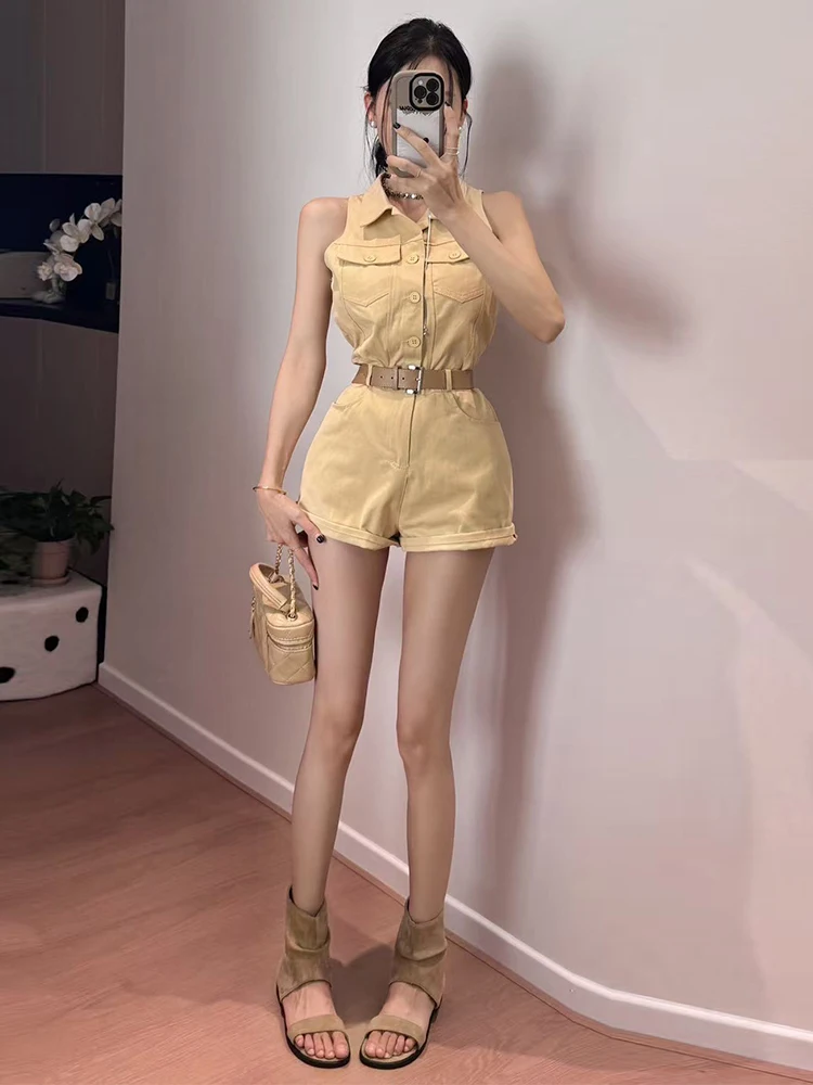 

Корейский джинсовый костюм с высокой талией, женский летний утягивающий модный костюм из смеси хлопка с воротником-стойкой