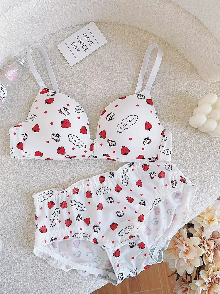 Sanrio Hello Kitty Women Underwear Sexy Bra Panty Set Cartoon No Wire Push Up Underwear Female\'s Breathable Gathered Bra Gifts