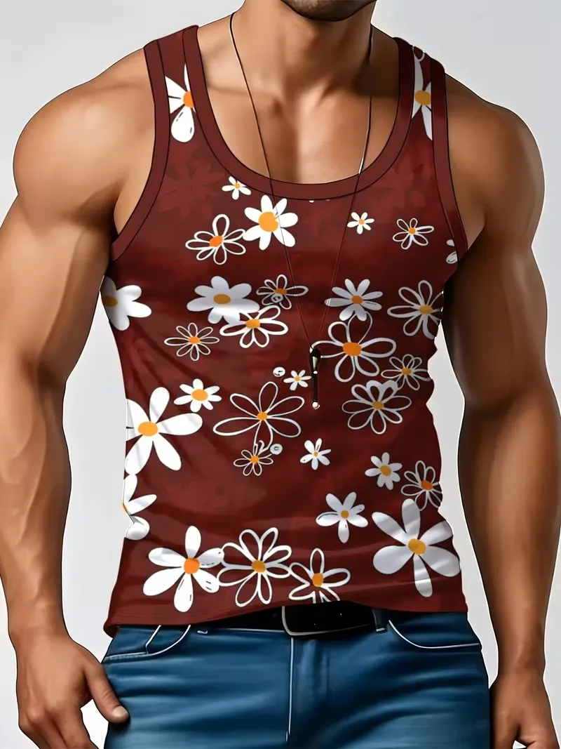 Men's Retro Floral 3D Printed Tank Top Summer Casual Crew Neck Sleeveless Vest Trend Breathable Tees
