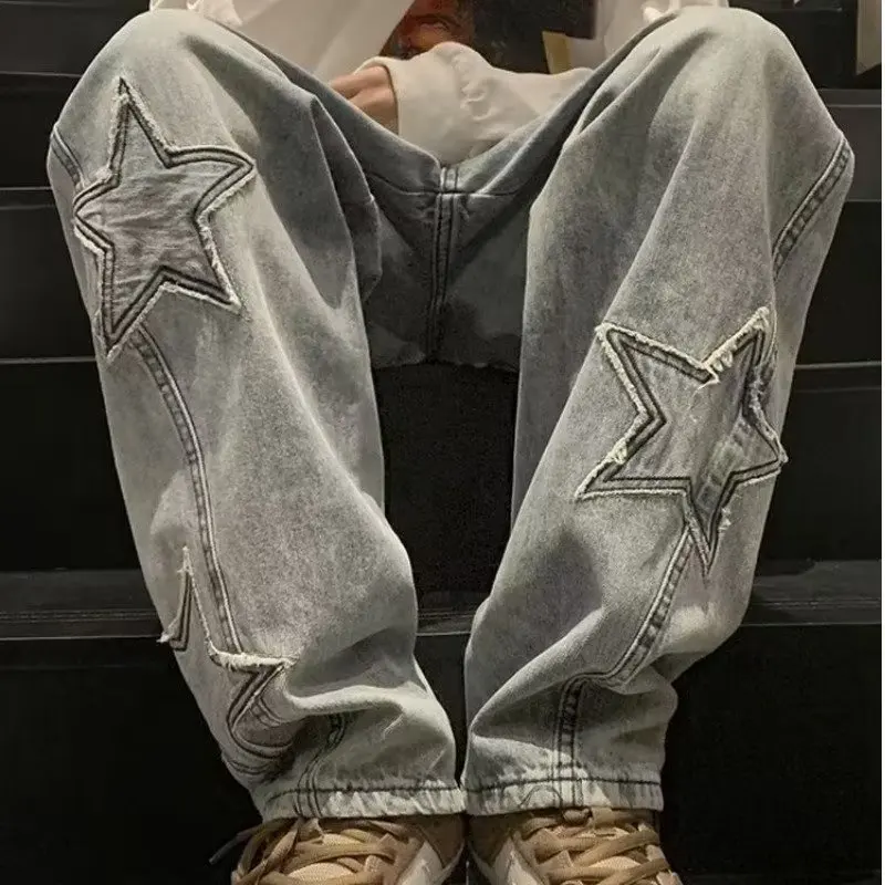 

Stars Patchwork Men's Jeans Streetwear Vintage Loose Straight Leg Denim Trousers Male Denim Slacks Baggy Pants