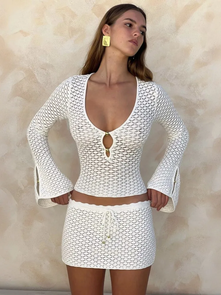 Maillot de bain jupe Cover-up 2 pièces ensemble femmes haut court et Mini jupe maillot de bain mode solide creux Sexy plage couvrir tenues