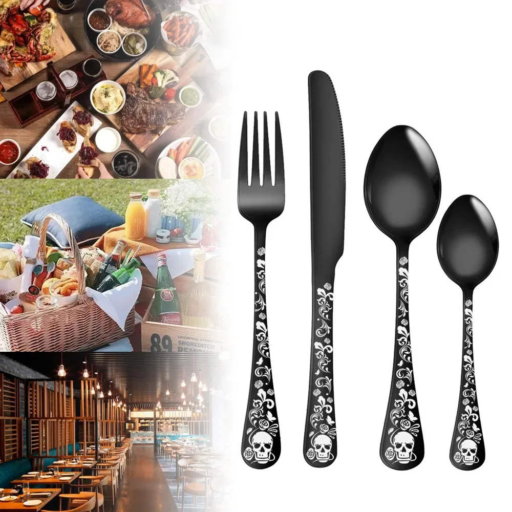 

Halloween Gifts Trendy Skull Stainless Steel Tableware Set Fork and Spoon 4-piece Set Portable Kitchen Forks And