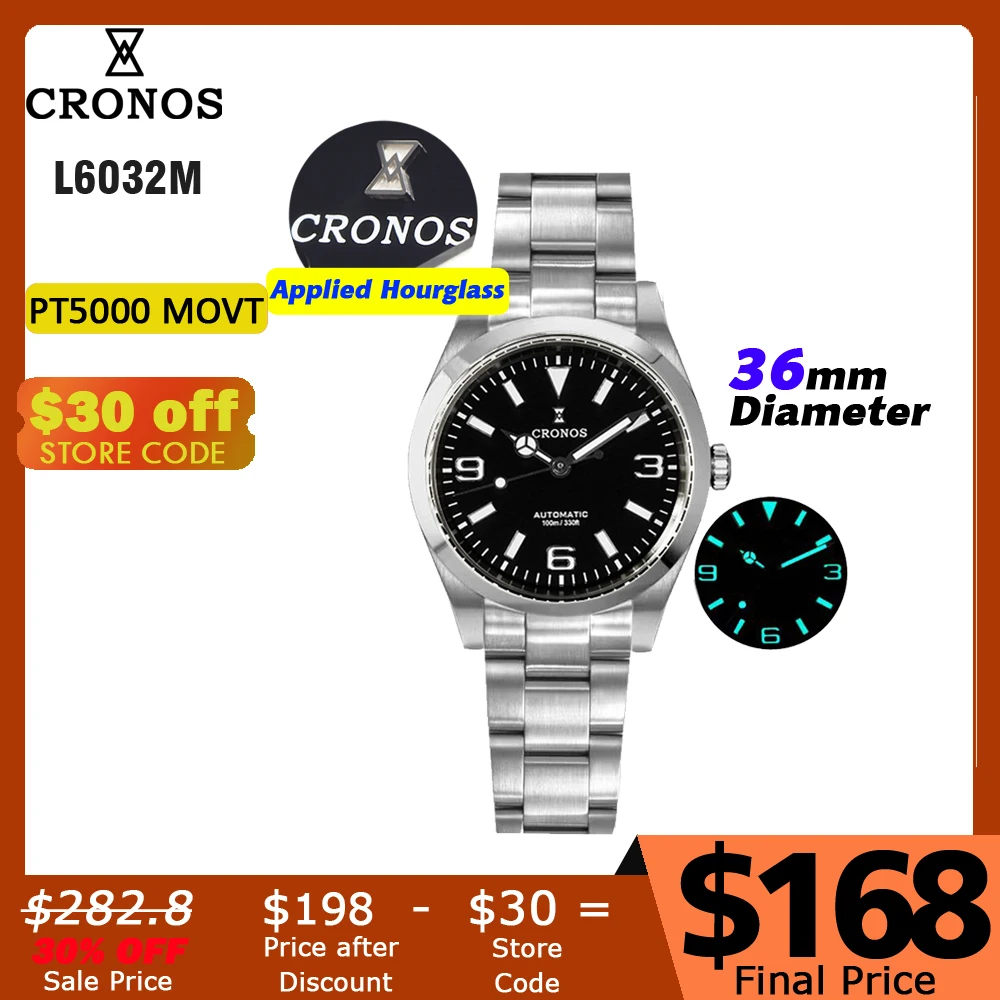 Cronos EX Mechanical Men Watch 36mm PT5000 Automatic Sapphire Glass Bushed Bracelet 10ATM  L6032M