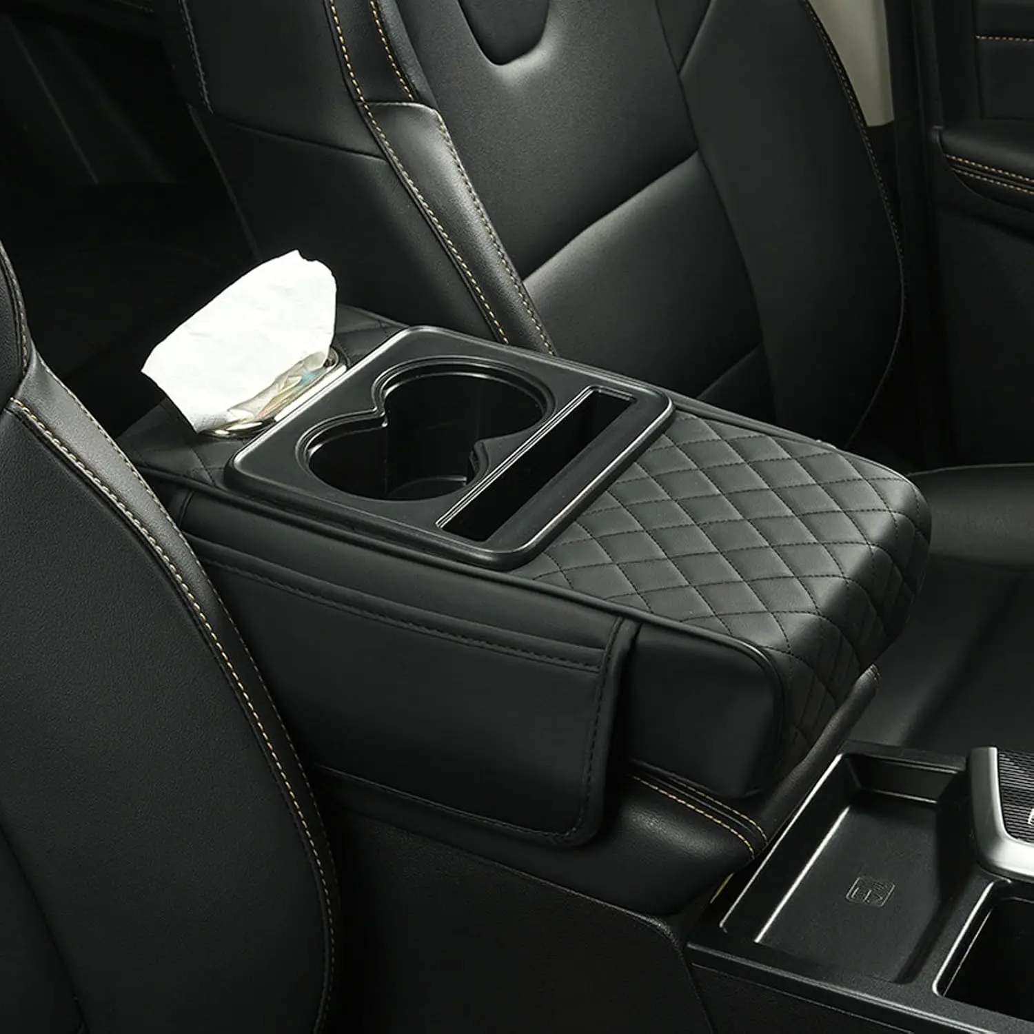 

Auto Car Center Console Armrest Cushion With 2 Cup Holder Pocket Tissue PU Leather Memory Cotton Elbow Car Amrest Box Height Pad