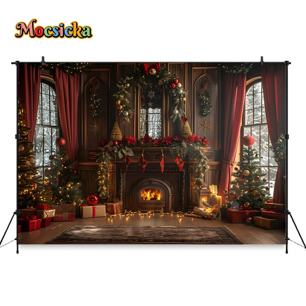 Christmas Fireplace Photography Background Xmas Tree Window Red Curtain Backdrop Gift Decor Kids Winter Room Photozone Studio