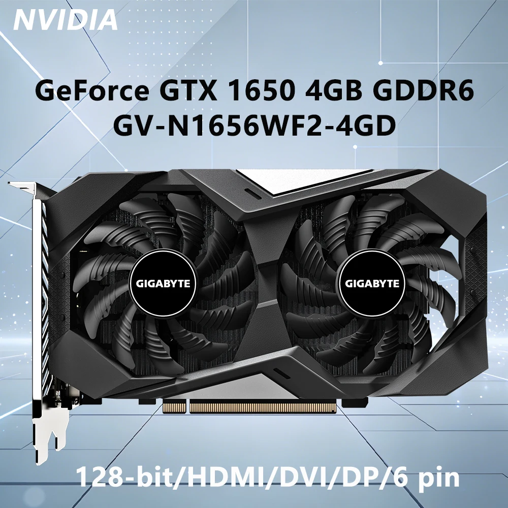 

Видеокарта GIGABYTE GTX 1650 4GB GDDR6 128-bit GV N1656WF2 4GD с разъемами HDMI, DP, DVI, 6-контактным разъемом питания для настольных ПК, игровая видеокарта для компьютеров