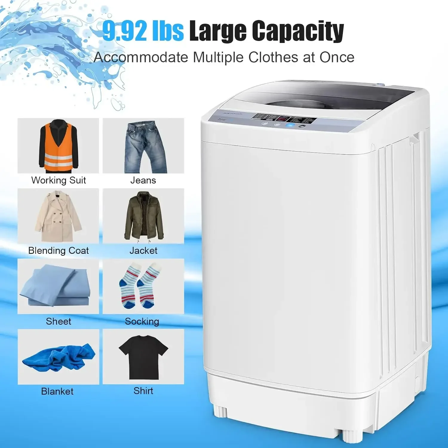 COSTWAY Portable Washing Machine, 9.92Lbs Capacity Full-automatic Washer with 10 Wash Programs, LED Display