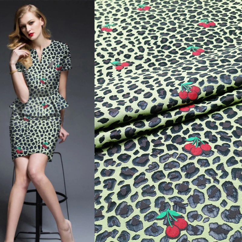 Jacquard Fabric High Fashion Leopard Print Small Cherry Dress Trench Coat Suit Fashion Cloth for Diy Sew Material by the Meter