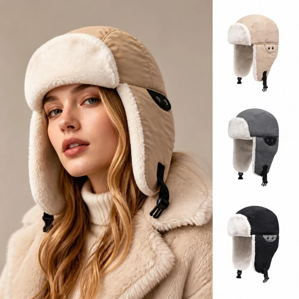 Cute Thickened Fleece Winter Fleece Cap Windproof Warm Lining Earflap Hat Cold Proof Ski Pilot Cap Women Men