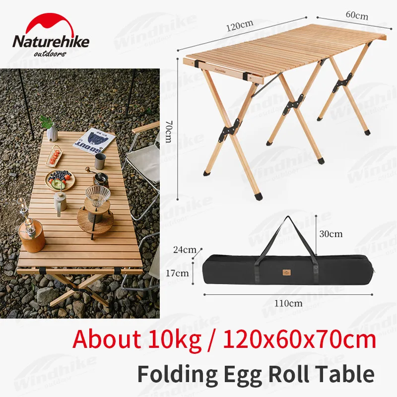 

Naturehike Portable Egg Roll Solid Wood Camping Folding Table Picnic Barbecue Party Tea Table 30kg Bearing Weight 120x60x70cm
