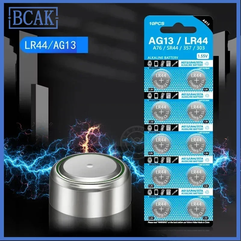 210 mAh AG13 LR44 BCAK A76 357 357A LR1154 SR1154 SR44 1.55V แบตเตอรี่สําหรับนาฬิกาเครื่องคิดเลขกุญแจรถนาฬิการะยะไกลปุ่มเหรียญ