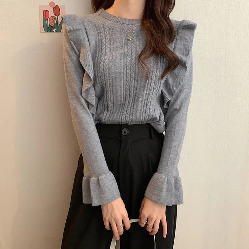 

Spring Women's Ruffles Sweater 2023 Fashion Flare Long Sleeve Knitted Pullovers Woman Solid Round Neck Jumper Femme Retro