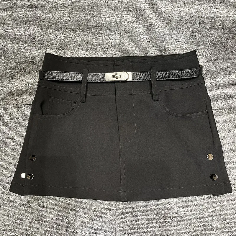 Sexy A-Line  Skirt with Belt Rivet Slimming Butt Lifting All-Match Short Skirt Pure Desirable Hot Girl Style Polyester Fa...