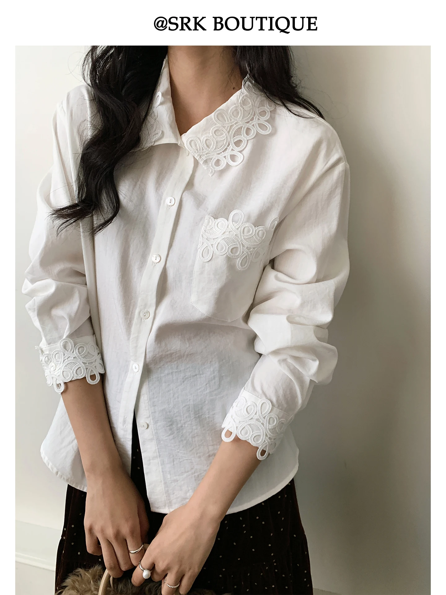 

SRK Embroidered Hollow out White irt Loose Simple Design Unique Long Sve Turn down Collar Breathable Cotton Blend Top