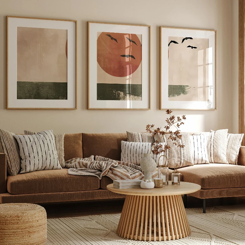 3pc Abstract Sun and Birds Prints, Japandi Boho Wall Art, Wabi Sabi Landscape, Living Room Decor, Japanese Art, Bedroom Poster