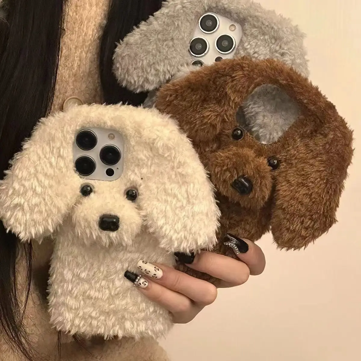 3D Teddy Dog Fluffy Phone Case For iPhone 15 14 13 Pro Max 12 Mini 11 X XS Max XR 6 7 8 Plus SE 2 Plush Hair Fluff Toy Soft Case