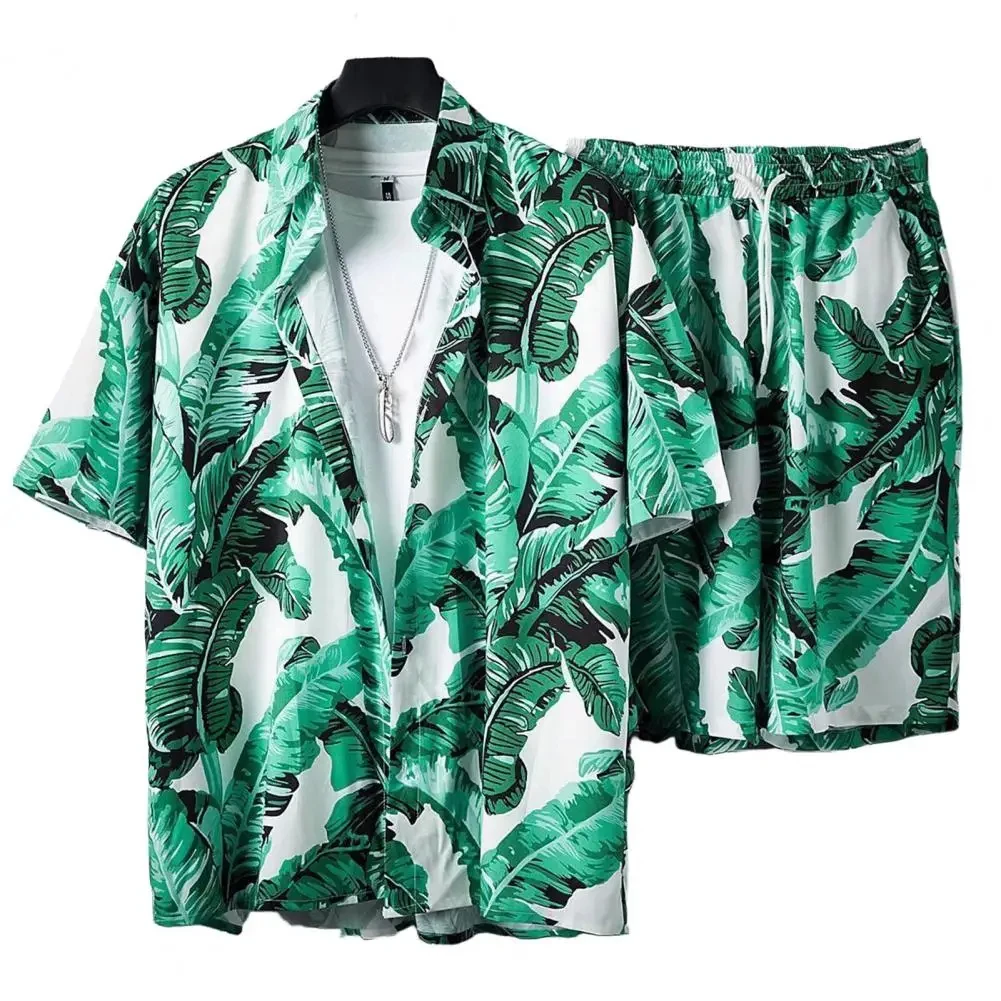 Hawaii Men Sets Print Lapel 3D leaf print Short Sleeve Casual Shirt Beach Shorts Oversized 2Pcs set Vacation Hawaiian Man Suits