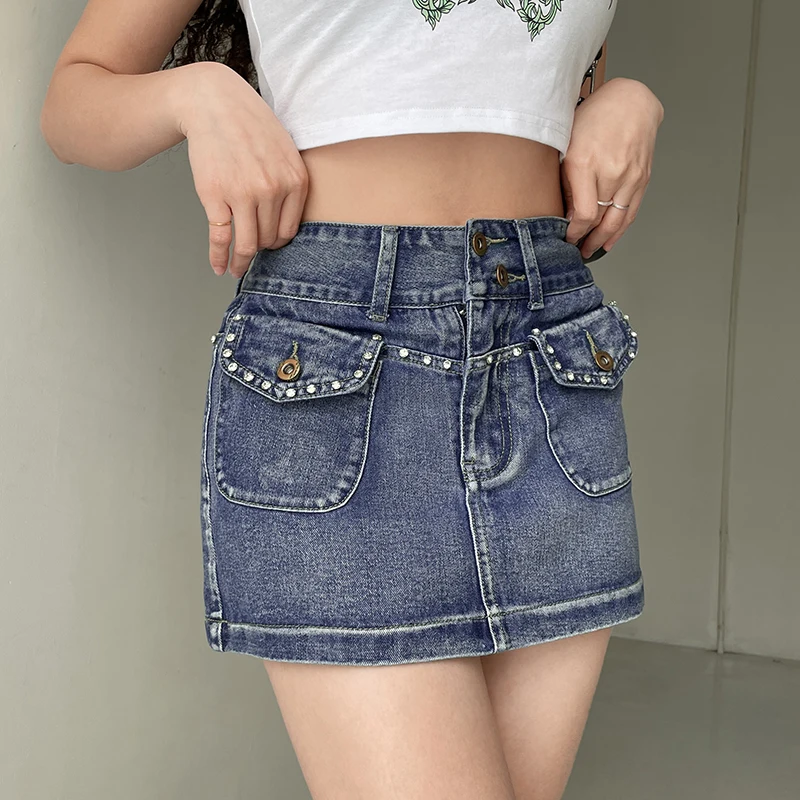 Women´s Denim Y2K Street Style Skirts Solid Color Fashion Rhinestone Decor High Waist Short Mini Skirts Skirt with Flap Pocket